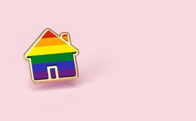 Gay pride rainbow in a home shape isolated on pastel pink background. Copy space included. LGBTQ people right to live together concept. 3D rendering