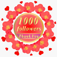 1000 followers. Bright followers background. 1000 followers illustration with thank you on a ribbon.