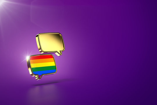 Two chat clouds - one with rainbow colors inside. Dialog between homosexual and heterosexual people, reaching agreements and peace concept. Purple background, copy space included. 3D rendering