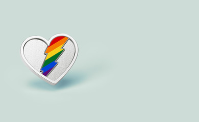 Silver heart with rainbow lightning inside. LGBT love and fight for their rights symbol concept. Isolated on pastel green background with copy space. 3D rendering
