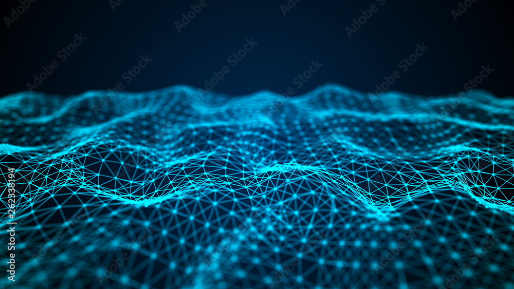 Aufkleber Wave of interlacing points and lines. Abstract background. Technological style for science, big data.3d rendering.