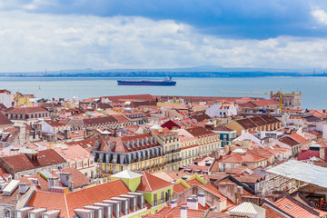 view of Rua Aurea and the Pombaline Downtown of Lisbon from the upper level terrace of Santa Just Lift, Lisbon, Portugal