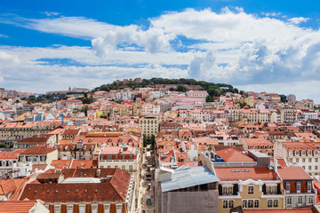 Fototapeta na wymiar Aerial view of Lisbon downtown and Santa Justa Street to Sao Jorge Castle hill from panoramic platform of Elevador de Santa Justa or Miradouro de Sant
