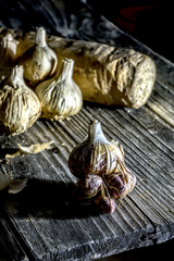 garlic on old wooden table