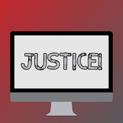 Text sign showing Justice. Business photo text impartial adjustment of conflicting claims or assignments Blank White Computer Monitor WideScreen Mounted on a Stand for Technology