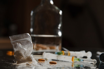 A bag of cocaine. Harm drugs. The concept of addiction to psychotropic substances