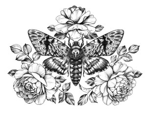Hand Drawn Acherontia Styx Butterfly and Roses - 262341137