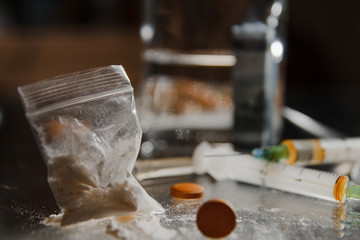 A bag of cocaine. Harm drugs. The concept of addiction to psychotropic substances