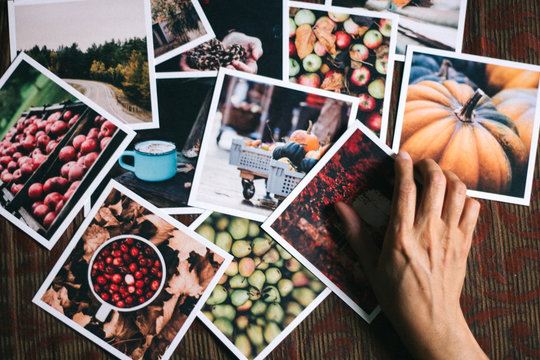 woman choosing autumn photographs