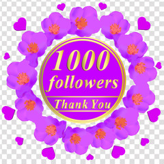 1000 followers. Bright followers background. 1000 followers illustration with thank you on a ribbon. Vector illustration with transparent background.
