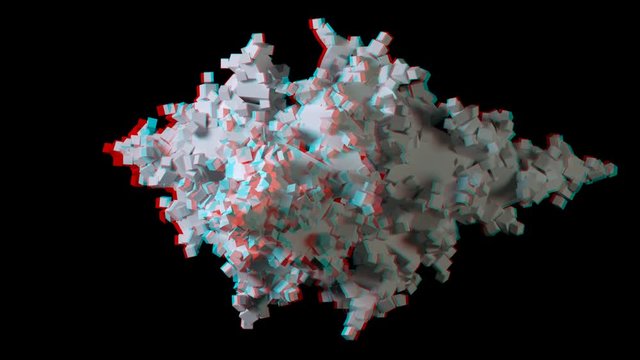 3D anaglyph. Complex fractal rotating in a continuous loop, isolated on black. View with red/cyan glasses.