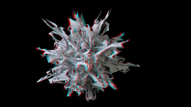 3D anaglyph. Complex fractal rotating in a continuous loop, isolated on black. View with red/cyan glasses.