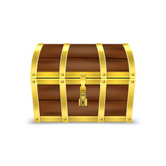 Vector 3d Realistic Closed Retro Vintage Antique Old Treasure Wooden brown Pirate Dower Chest with Golden Metal Stripes and Padlock and Keyhole Closeup Isolated on White Background