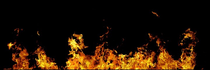 Real line of fire flames isolated on black background. Mockup on black of wall of fire.