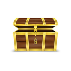 Vector 3d Realistic Opened Empty Retro Vintage Antique Old Treasure Wooden brown Pirate Dower Chest with Golden Metal Stripes and Padlock and Keyhole Closeup Isolated on White Background