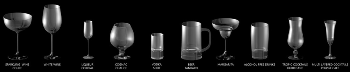 3D illustration of big collection of different glasses for wines and cocktail drinks isolated on black, side-top view - drinking glass render