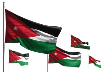 pretty any holiday flag 3d illustration. - five flags of Jordan are waving isolated on white - photo with selective focus
