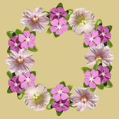 Beautiful flower circle of mallow and gloxinia. Isolated