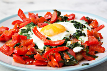cooked Breakfast egg fried vegetables salad  healthy food