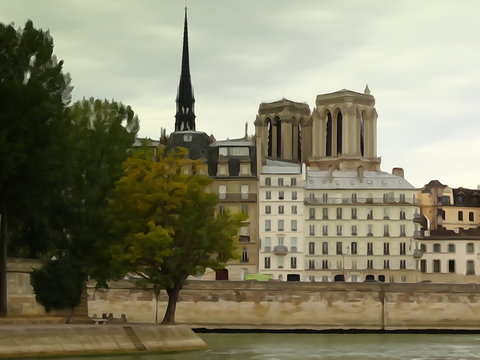 Fototapeta Panorama brzegu Sekwany w Paryżu z widokiem na zabytkowe budynki, za nimi dwie wieże i iglica katedry Notre Dame na tle zachmurzonego nieba, stylizowany na akwarelę