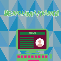 Obraz premium Word writing text Benchmarking. Business photo showcasing evaluate something by comparison with standard or scores Desktop Computer Mounted on Stand with Online Profile Data on Monitor Screen