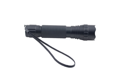 Black tactical flashlight isolated on white background