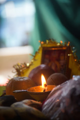 Uttar Pradesh/India - March 30, 2019: Burning holy candles in the temple, Indian Culture
