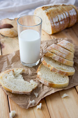a glass of milk and cut bread on a wooden table and scattered crumbs