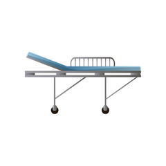Side of steel hospital bed with wheels and blue mattress