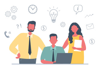 Team work. Group of office workers. Business concept with icons. Young man is working on laptop. Other employees are standing near him. Funky flat style. Vector illustration.
