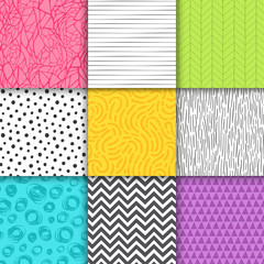 Abstract hand drawn geometric simple minimalistic seamless patterns set. Polka dot, stripes, waves, random symbols textures. Vector illustration