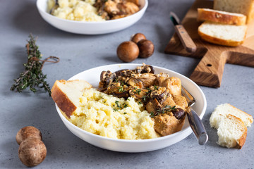 Chicken breast in cream sauce with mushroom, onion and thyme served with couscous in a white plate.
