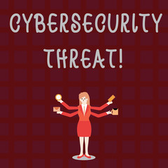 Text sign showing Cybersecurity Threat. Business photo showcasing potential to cause serious harm to a computer system Businesswoman with Four Arms Extending Sideways Holding Workers Needed Item