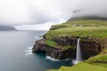 View of Mulafossur waterfall, Vagar Faroe Islands
