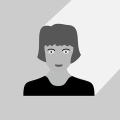 Female portrait with long shadow. Woman head with hairstyle. Grayscale vector graphic illustration. 
