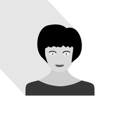 Female portrait with long shadow. Woman head with hairstyle. Grayscale vector graphic illustration. 