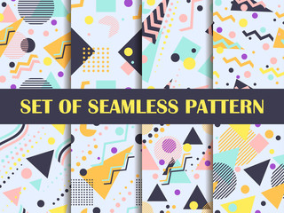 Memphis seamless pattern set. Geometric elements memphis in the style of 80's. Pastel colors. Vector illustration