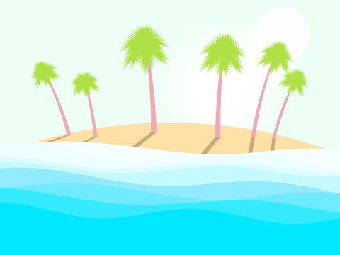Summer beach. Landscape with palm trees, sea waves and the sun. Vector illustration