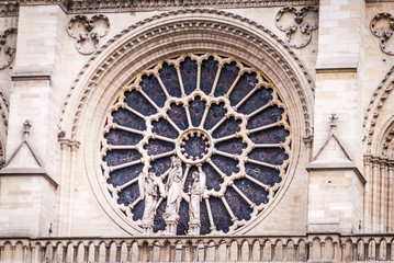 Architectural details of the catholic cathedral Notre-Dame de Paris, France.