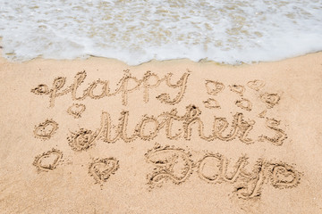 Happy Mothers day beach background with handwritten lettering