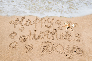 Happy Mothers day beach background with handwritten lettering