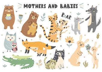 Obraz na płótnie Canvas Mothers and babies animals collection. Cute vector elements for your design