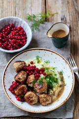 Scandinavian meatballs with mash potatoes and lingonberries