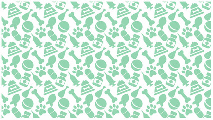 pet attributes. green objects on white horizontal background. feed, play, care. vector