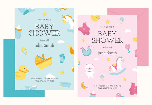 Baby Shower Invitation Card Design Layout with Illustrative Elements