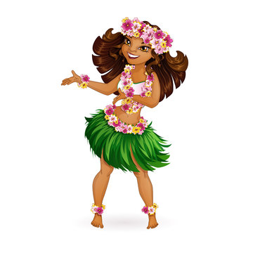 A beautiful girl in Hawaiian clothes dances Hula. Wreath and garland of flowers, a skirt of grass. Holidays in the Hawaiian Islands. Vector illustration. Funny character in the style of a cartoon