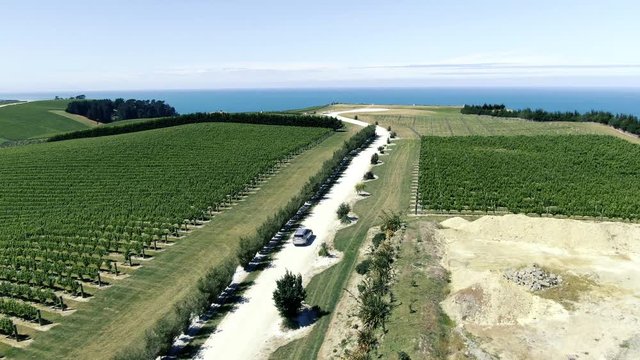 Cinematic aerial drone footage of couple driving through vineyard in Blenheim Marlborough wine region New Zealand 4k