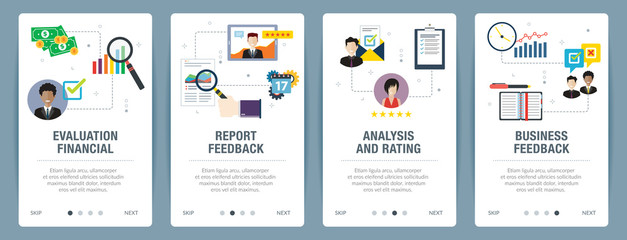 Web banners concept in vector with evaluation financial, report feedback, analysis and rating, business feedback. Internet website banner concept with icon set. Flat design vector illustration.