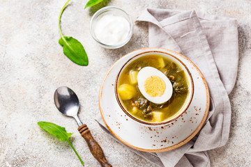 Sorrel soup or green borscht with eggs
