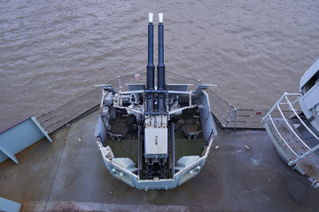 Top view on anti aircraft twin gun Bofors on the battle deck of historic warship from world war two...